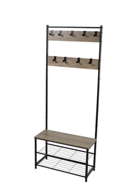 House of Home Coat Rack Stand with Shoe Storage Bench 9 Hooks Rustic Light Brown Entrance Hall - 9