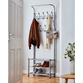 House of Home Coat Stand with Shoe Storage Stand, Free Standing Hall Shoe Storage Stand Grey 18 Hooks and Shoe Bench