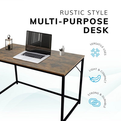 House of Home Computer Desk for Rustic Dark Brown Large Desk 120cm with Black Coated Metal Frame Versatile Desk for Home Office