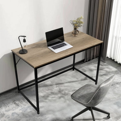 House of Home Computer Desk Rustic Light Brown Top with Large Black Metal Frame for Home Office or Bedroom Desk 120cm