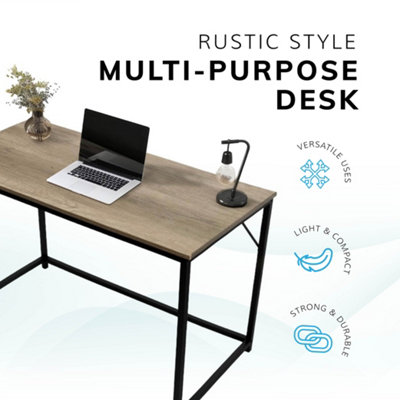 House of Home Computer Desk Rustic Light Brown Top with Large Black Metal Frame for Home Office or Bedroom Desk 120cm