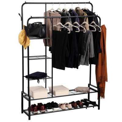 House of Home Double Clothes Rail Heavy Duty Freestanding with 2 Shoe Racks 3 Shelves 4 Hooks