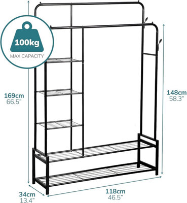 House of Home Double Clothes Rail Heavy Duty Freestanding with 2 Shoe Racks 3 Shelves 4 Hooks