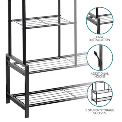 House of Home Double Clothes Rail Heavy Duty Freestanding with 2 Shoe Racks 3 Shelves 4 Hooks - 3