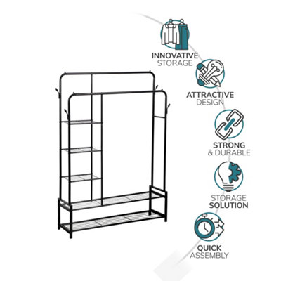 House of Home Double Clothes Rail Heavy Duty Freestanding with 2 Shoe Racks 3 Shelves 4 Hooks - 4