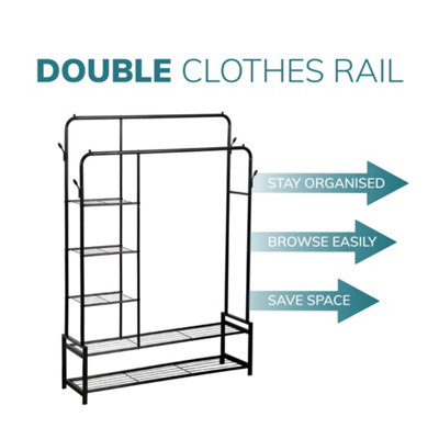 House of Home Double Clothes Rail Heavy Duty Freestanding with 2 Shoe Racks 3 Shelves 4 Hooks - 5