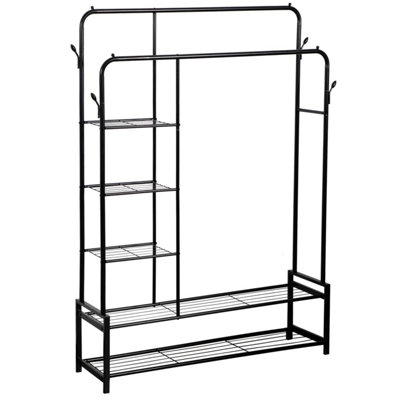 House of Home Double Clothes Rail Heavy Duty Freestanding with 2 Shoe Racks 3 Shelves 4 Hooks - 7