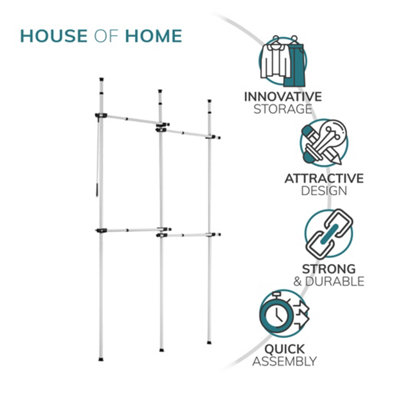 House of Home Double Telescopic White Wardrobe Organiser Hanging Rail Clothes Rack Adjustable Storage Shelving - 4