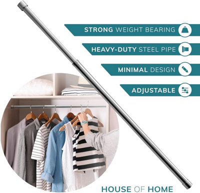 House of Home Extendable Wardrobe Pole 34-53CM Adjustable Rail Hanger Steel Heavy Duty Easy Assemble