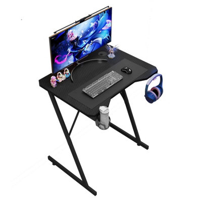 House of Home Gaming Desk Carbon Fibre Finish Black 80cm Cup Holder, Headphone Hook