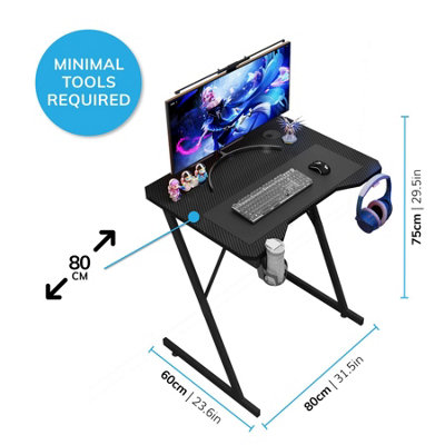 House of Home Gaming Desk Carbon Fibre Finish Black 80cm Cup Holder, Headphone Hook