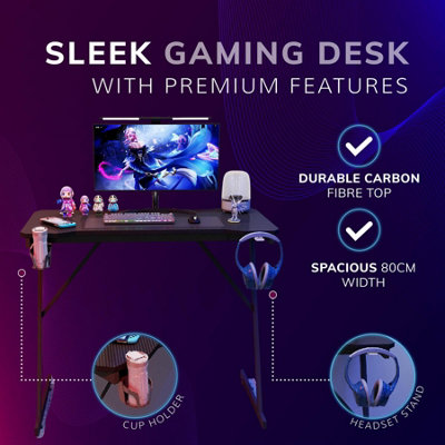 House of Home Gaming Desk Carbon Fibre Finish Black 80cm Cup Holder, Headphone Hook