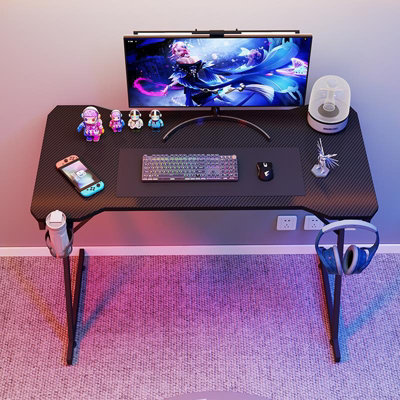 House of Home Gaming Desk Carbon Fibre Finish Black 80cm Cup Holder, Headphone Hook
