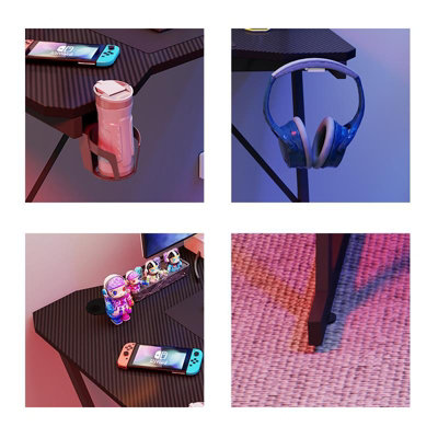 House of Home Gaming Desk Carbon Fibre Finish Black 80cm Cup Holder, Headphone Hook