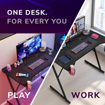 House of Home Gaming Desk Carbon Fibre Finish Black 80cm Cup Holder, Headphone Hook