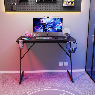 House of Home Gaming Desk Carbon Fibre Finish Black 80cm Cup Holder, Headphone Hook