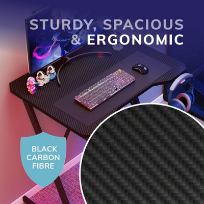 House of Home Gaming Desk Carbon Fibre Finish Black 80cm Cup Holder, Headphone Hook