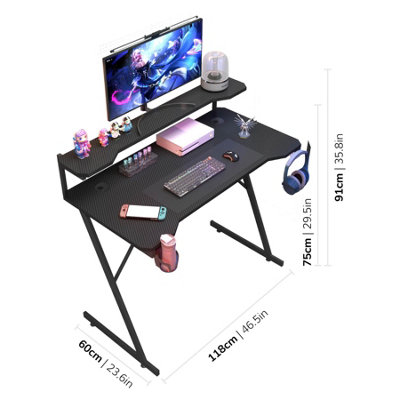 House of Home Gaming Desk with Monitor Stand Carbon Fibre Top Black 118cm