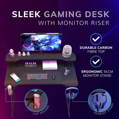House of Home Gaming Desk with Monitor Stand Carbon Fibre Top Black 118cm