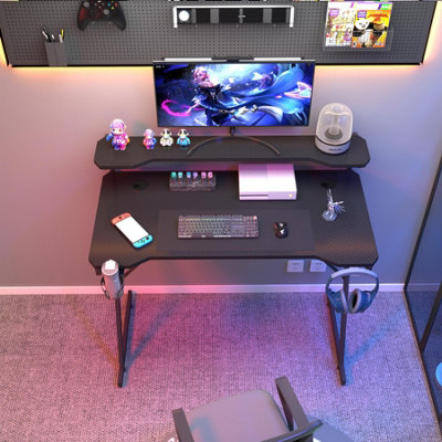 House of Home Gaming Desk with Monitor Stand Carbon Fibre Top Black 118cm
