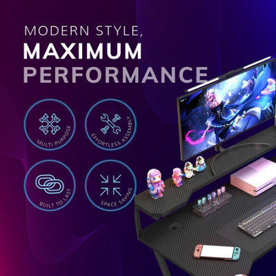 House of Home Gaming Desk with Monitor Stand Carbon Fibre Top Black 118cm
