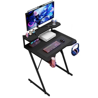 House of Home Gaming Desk with Monitor Stand Carbon Fibre Top Black 80cm