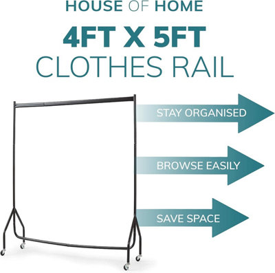 House of Home Heavy Duty Black Metal 4ft Long x 5ft Tall Quality Clothes Rail Stand - 9