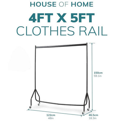 House of Home Heavy Duty Black Metal 4ft Long x 5ft Tall Quality Clothes Rail