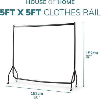 House of Home Heavy Duty Black Metal 5ft Long x 5ft Tall Quality Clothes Rail With Wheels