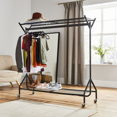 House of Home Heavy Duty Metal Clothes Rail on Wheels With 2 Shelves, Shoe Rack Storage & Organiser Black, 5ft x 5ft