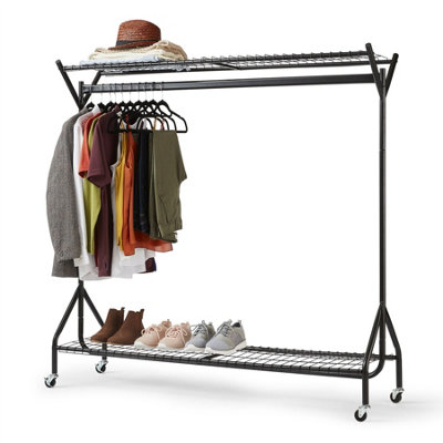 House of Home Heavy Duty Metal Clothes Rail on Wheels With 2 Shelves, Wardrobe & Shoe Rack Storage & Organiser Black, 5ft x 5ft