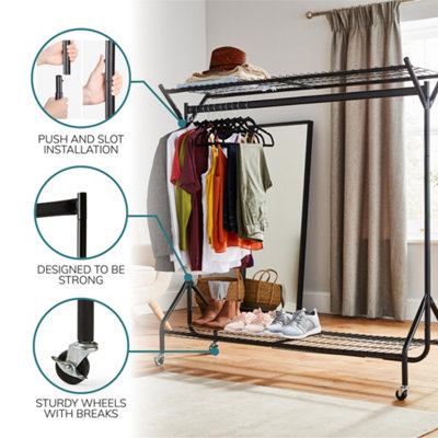 House of Home Heavy Duty Metal Clothes Rail with Wheels - Hanging Clothing & Shoe Rack - Storage & Organiser - Black, 4ft x 5ft