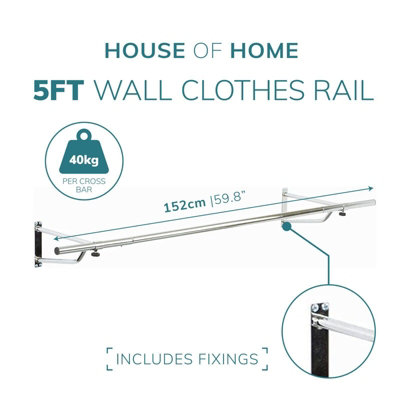 House of Home Heavy Duty Wall Mounted Clothes Rail Clothes Storage & Organiser Rail for Shirts, Coats, Jackets & Hat Chrome, 5ft