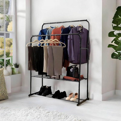 House of Home Metal Clothes Rail with Shoe Rack 2 Tier Double Rail Wardrobe Replacement Clothes Storage & Organiser