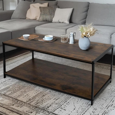 House Of Home Rustic Coffee Table 2 Tier Brown Living Room Table with Metal Frame for Home Decor 100 X 50 X 45cm