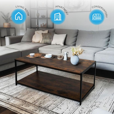 House Of Home Rustic Coffee Table Brown Living Room Table with Metal Frame for Home Decor
