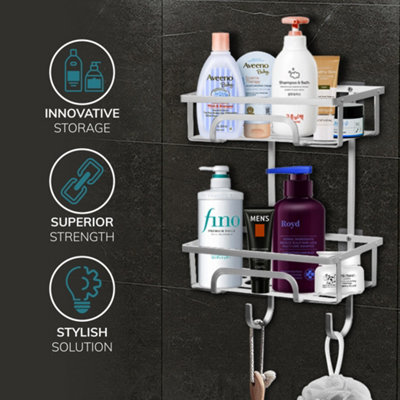 House of Home Self Adhesive 2 Tier Aluminium Shower Caddy with Bottom Hooks - 3
