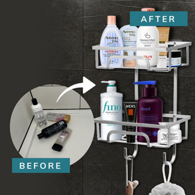 House of Home Self Adhesive 2 Tier Aluminium Shower Caddy with Bottom Hooks - 6