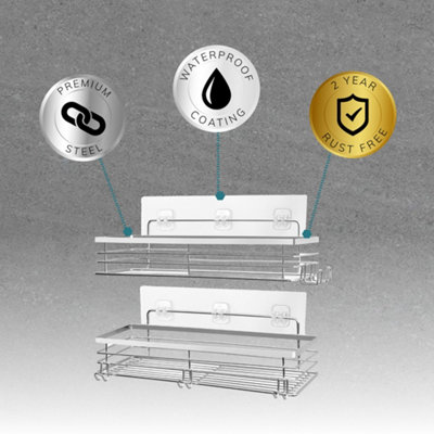 House of Home Shower Caddy Stainless Steel Set Of 2 Self Adhesive Waterproof Bathroom Organiser Shelves Silver - 6
