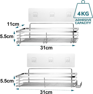 House of Home - Shower Caddy Stainless Steel - Set Of 2 - Self Adhesive Waterproof Bathroom Organizer Shelves