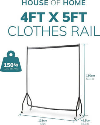 House of Home Superior Extra Heavy Duty Black Metal 4ft Long x 5ft Tall Clothes Rail Stand