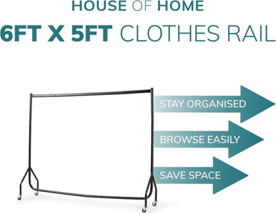 House of Home Superior Extra Heavy Duty Black Metal 6ft Long x 5ft Tall Clothes Rail With Wheels - 7