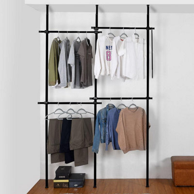 House of Home Telescopic Clothes Rail Double Wardrobe Hanging Rack Adjustable Storage Black DIY at B Q