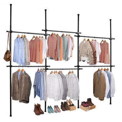 House of Home Telescopic Clothes Rail Triple Wardrobe Hanging Rack Adjustable Storage Black