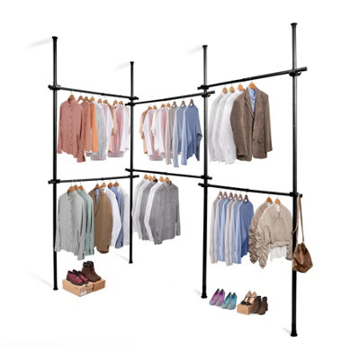 House of Home Telescopic Clothes Rail Triple Wardrobe Hanging Rack Adjustable Storage Black