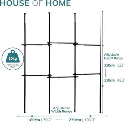 House of Home Telescopic Clothes Rail Triple Wardrobe Hanging Rack Adjustable Storage Black - 3
