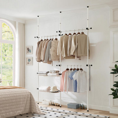 House of Home Telescopic Wardrobe Extendable Organiser Double White Rail Clothes Rack Baskets Storage