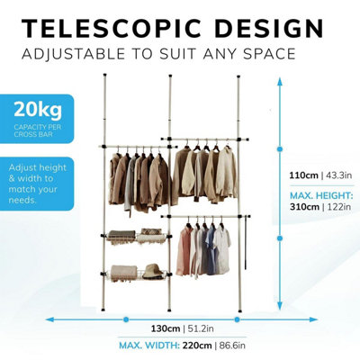 House of Home Telescopic Wardrobe Extendable Organiser Double White ...