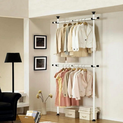 House of Home Telescopic Wardrobe Organiser Hanging White Rail Clothes Rack Adjustable Storage Shelving