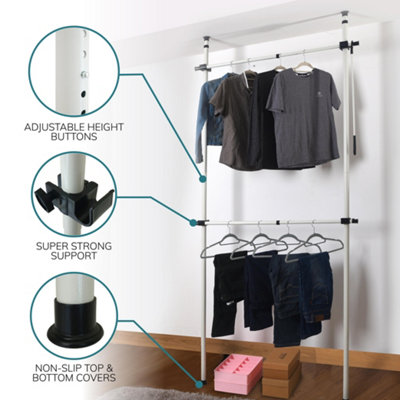 House of Home Telescopic Wardrobe Organiser Hanging White Rail Clothes Rack Adjustable Storage Shelving